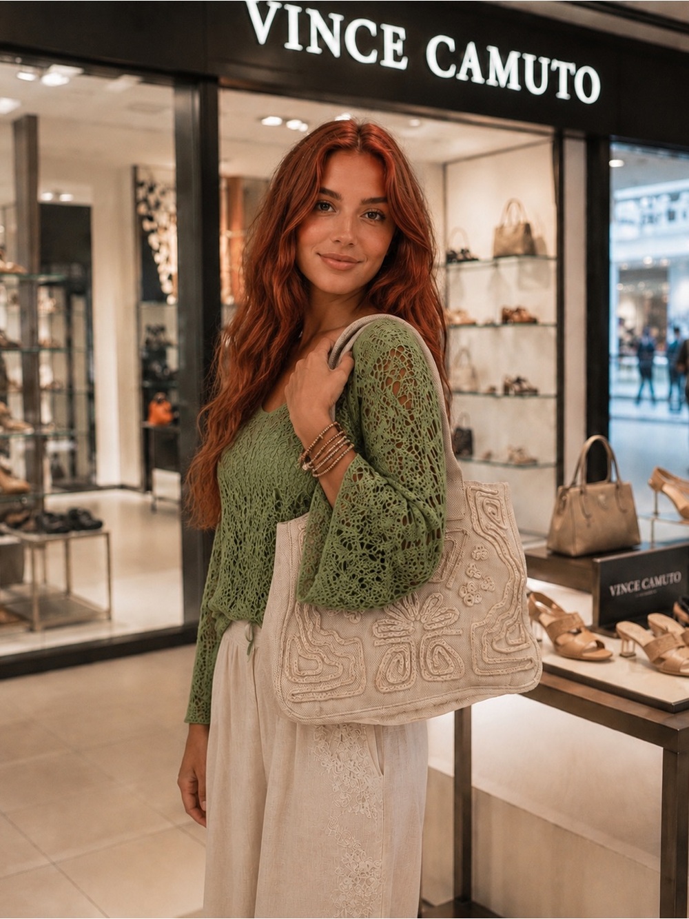 Vince Camuto cream embroidered Canvas shoulder tote BRAND NEW WITHOUT TAG